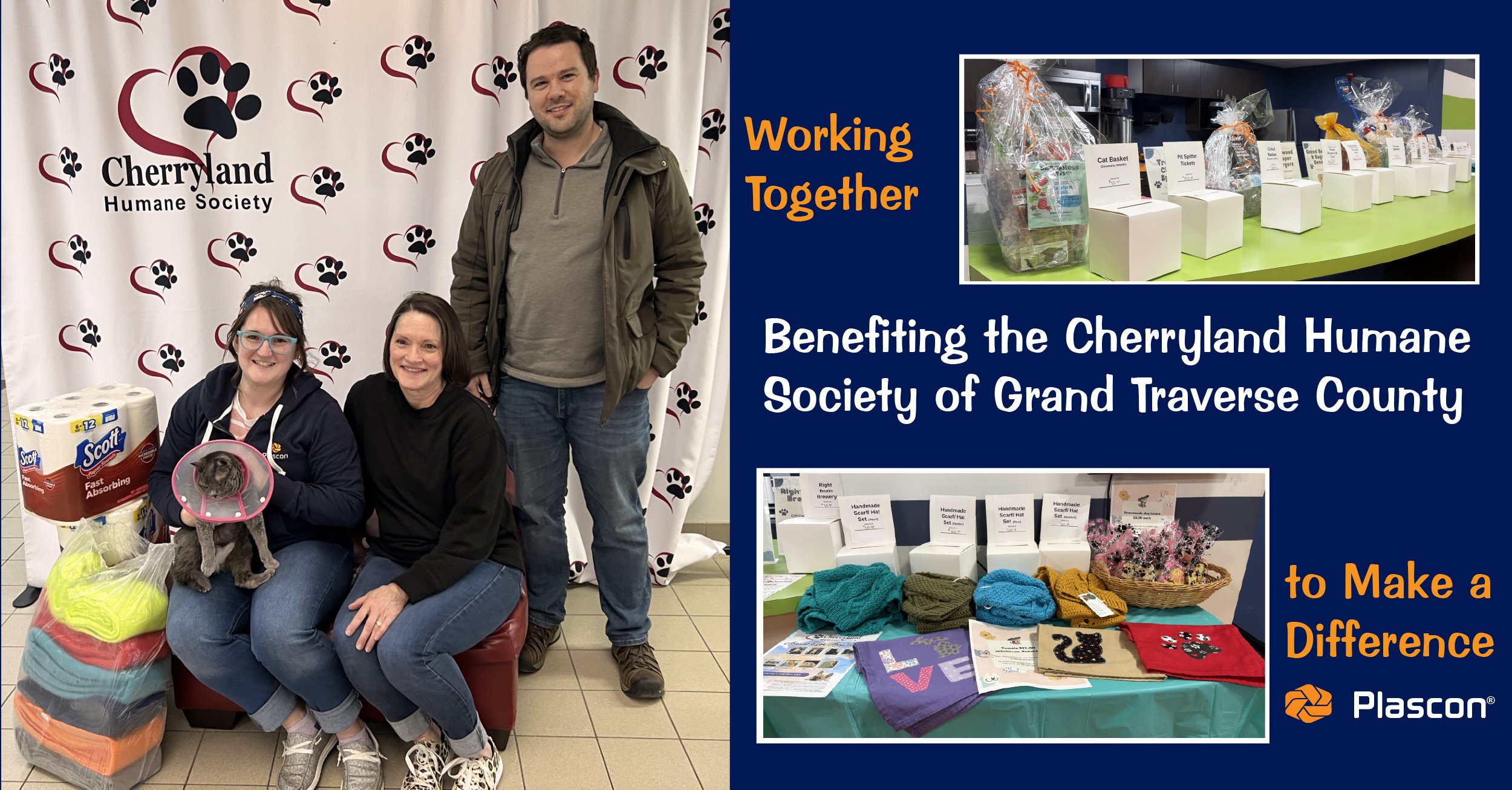 Plascon members visit the Cherryland Humane Society to present materials and funding raised from a raffle.